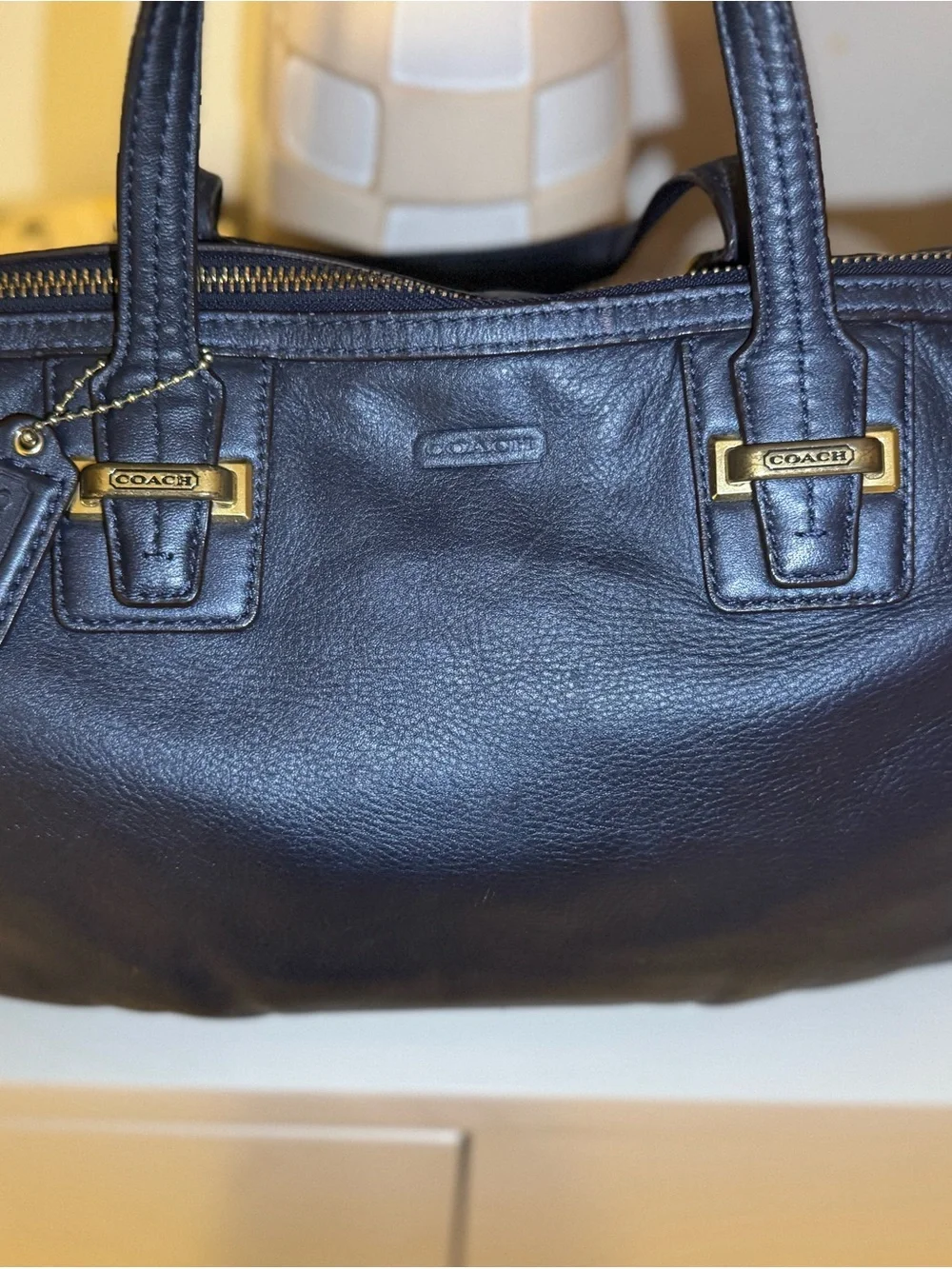 Coach Navy Leather Satchel with Gold Hardware